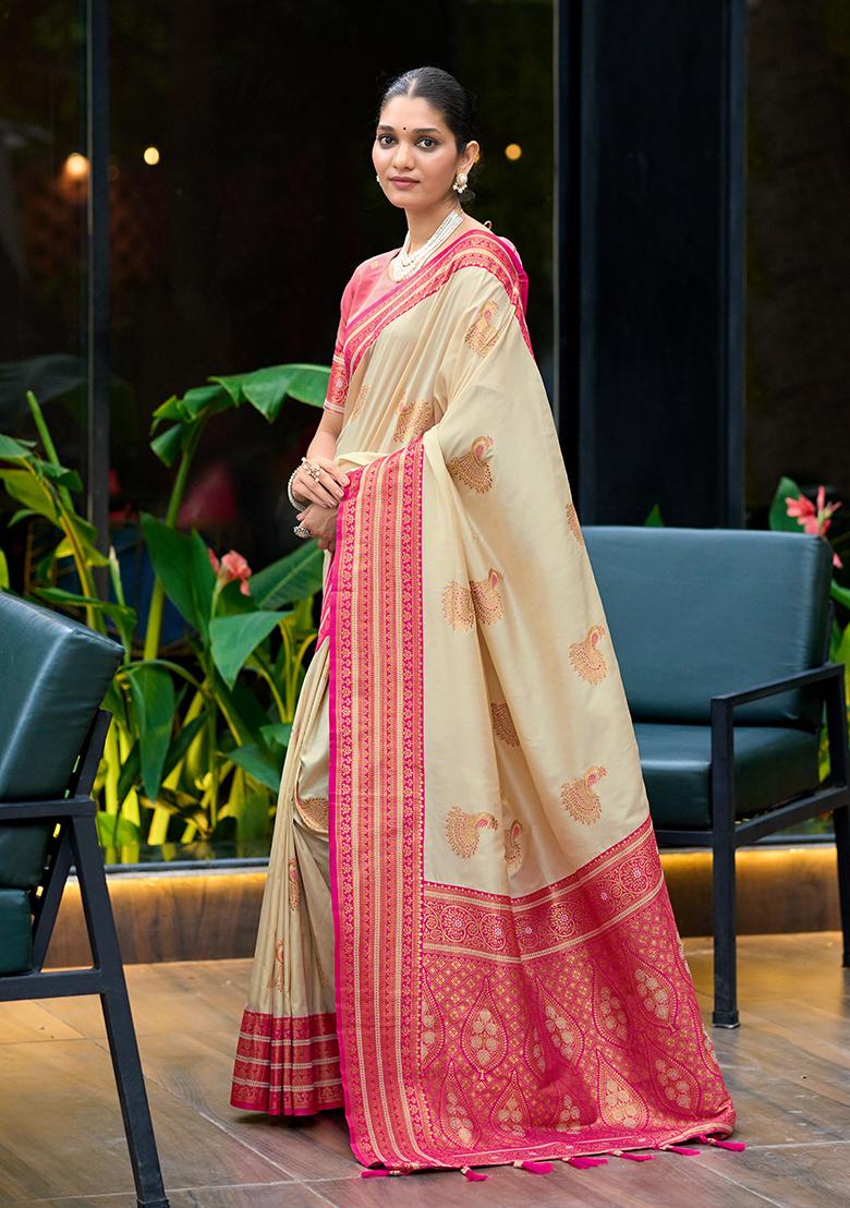 Cream Woven Silk Saree Set - Indya