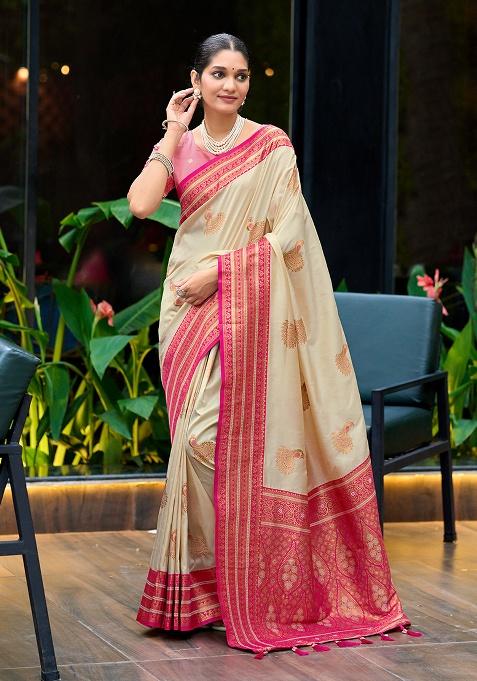 Cream Woven Silk Saree Set