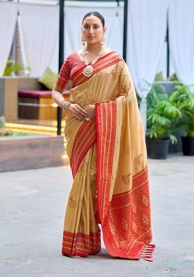 Dark Cream Woven Silk Saree Set