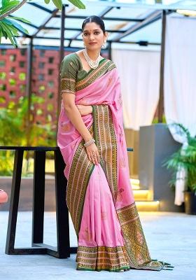 Pink Woven Silk Saree Set