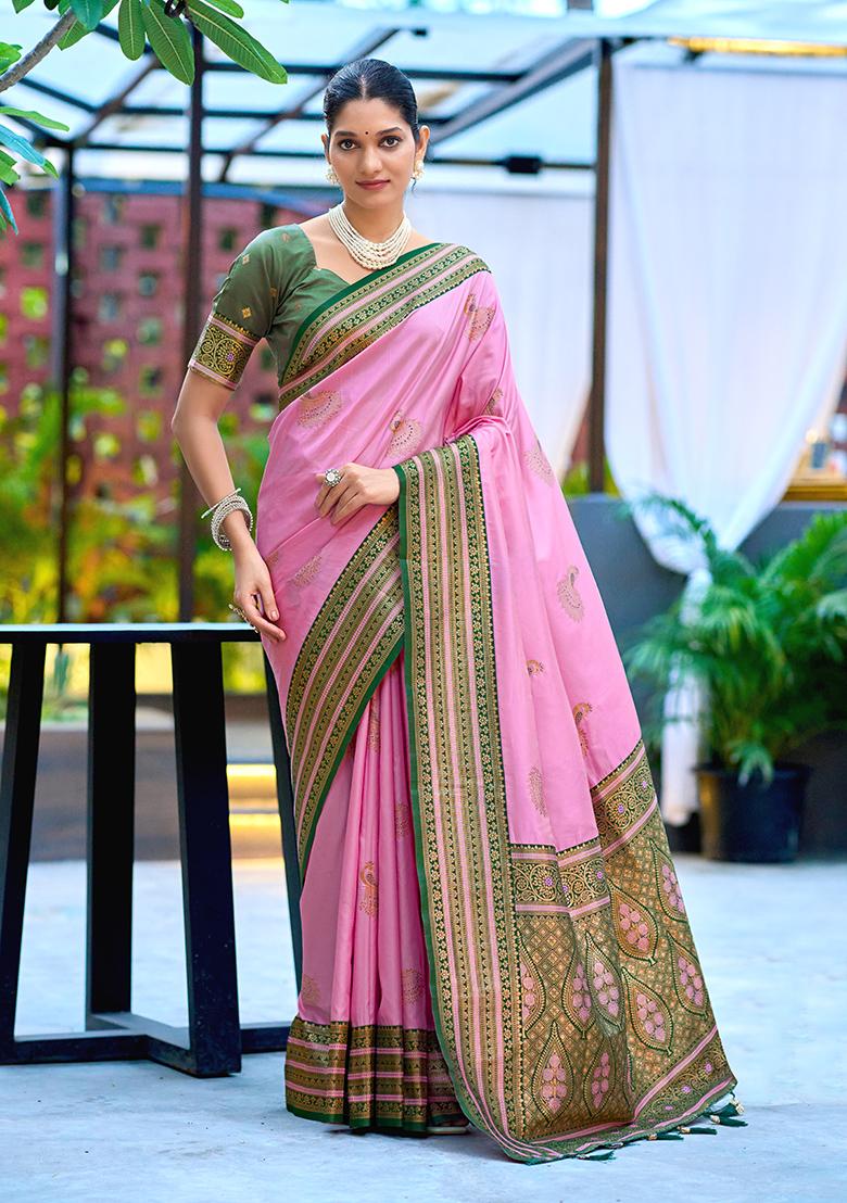 Pink Woven Silk Saree Set - Indya