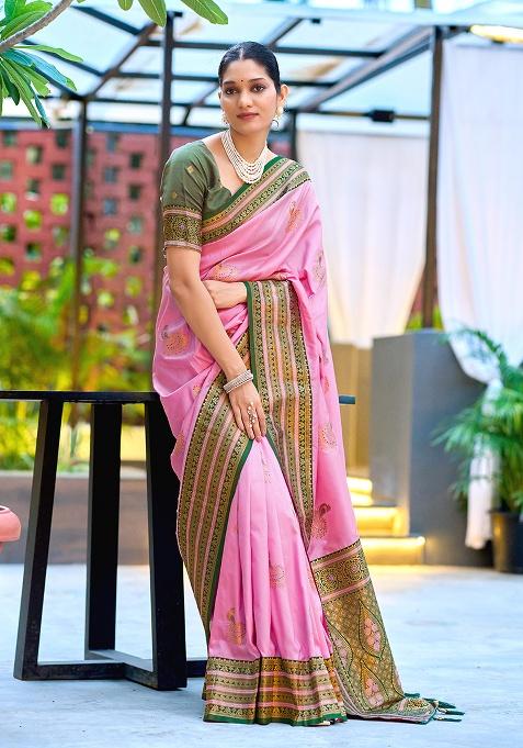 Pink Woven Silk Saree Set