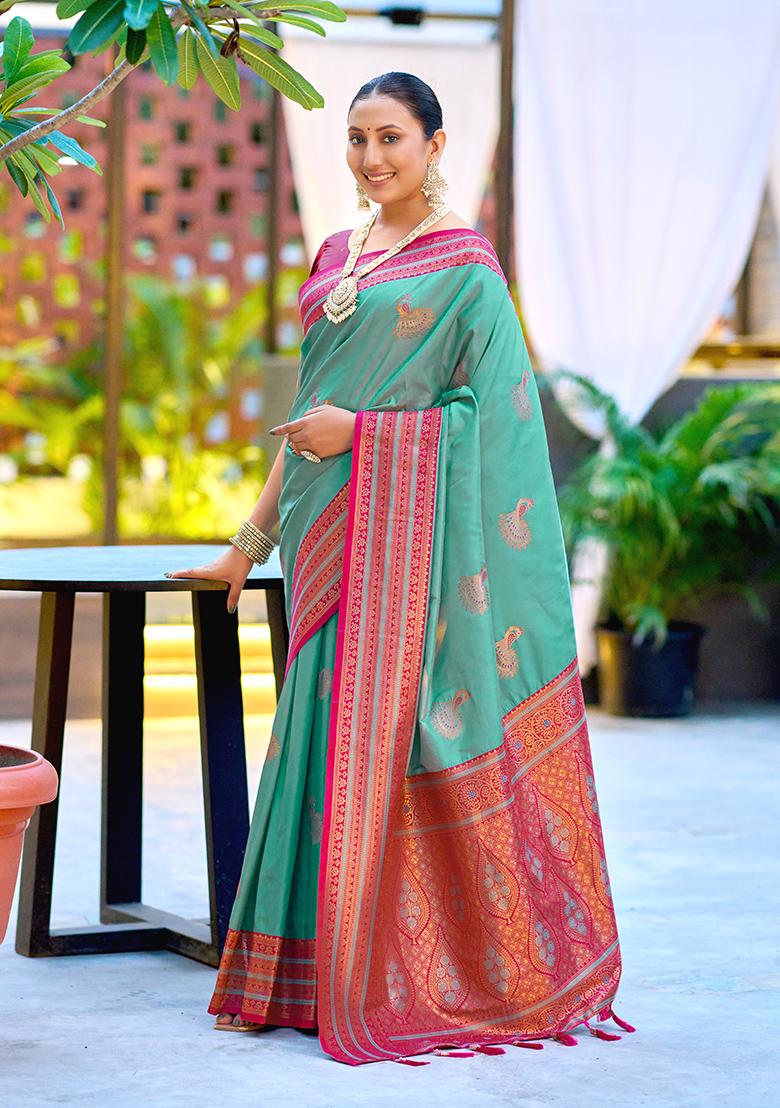 Aqua Blue Woven Silk Saree Set - Indya