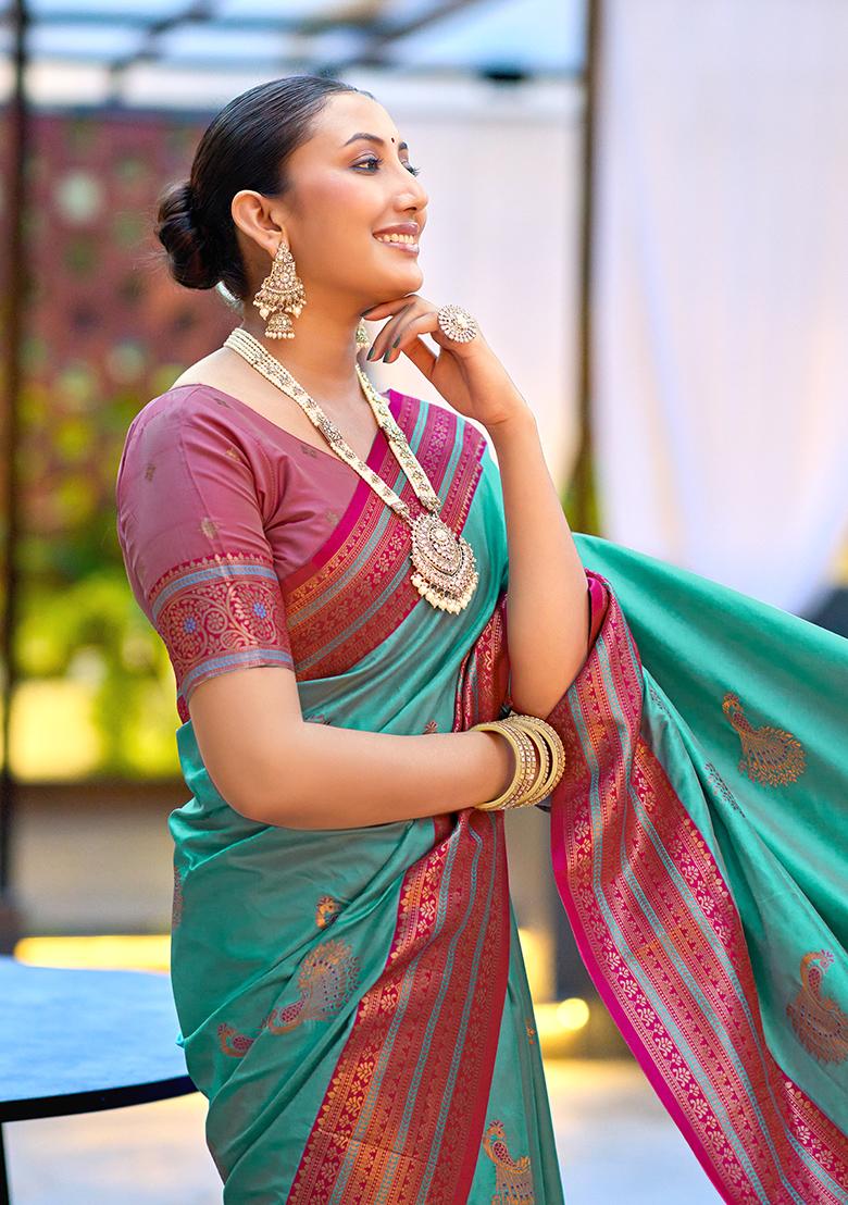 Aqua Blue Woven Silk Saree Set - Indya