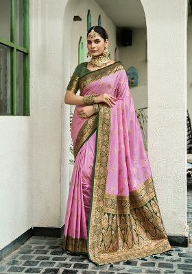 Pink Woven Silk Saree Set