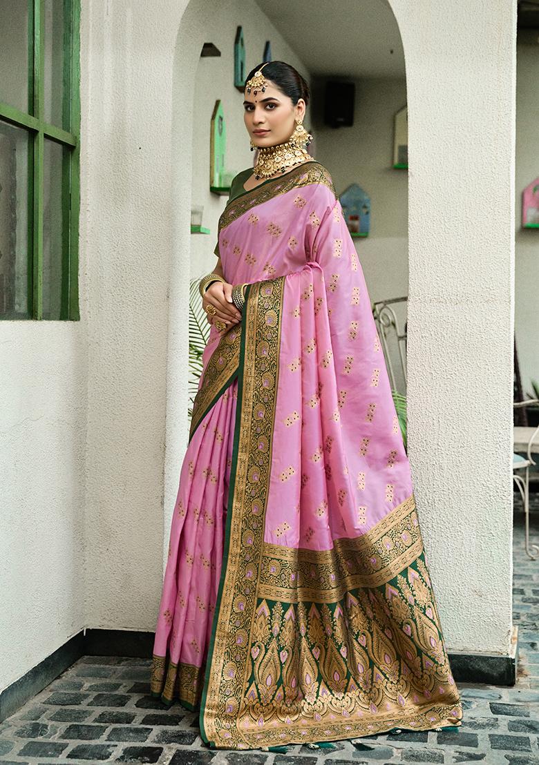 Pink Woven Silk Saree Set - Indya