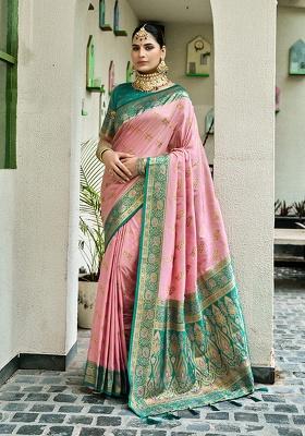 Peach Woven Silk Saree Set