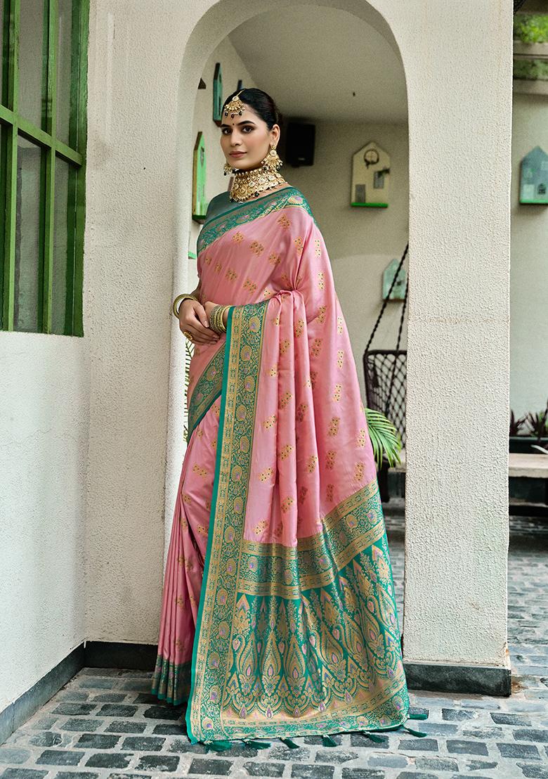 Peach Woven Silk Saree Set - Indya