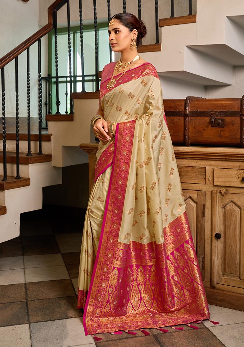 Cream Woven Silk Saree Set - Indya