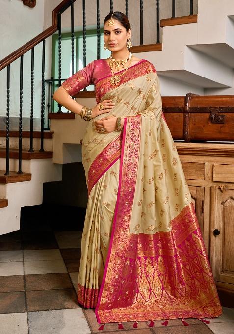 Cream Woven Silk Saree Set