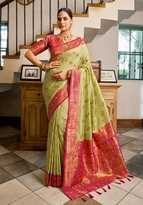 Pista Woven Silk Saree Set