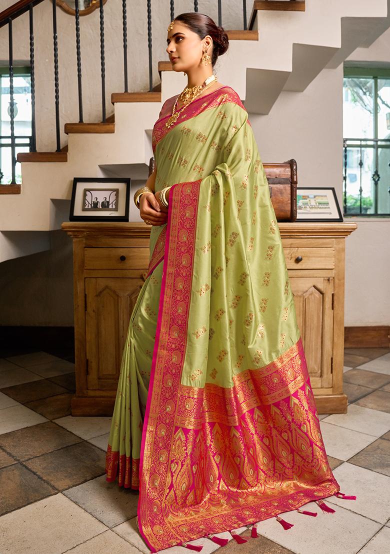 Pista Woven Silk Saree Set - Indya