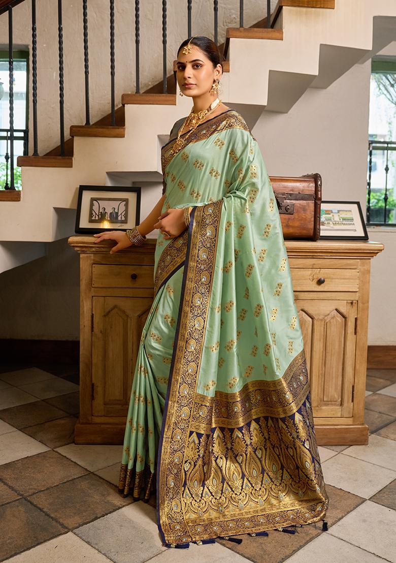 Sea Green Woven Silk Saree Set - Indya
