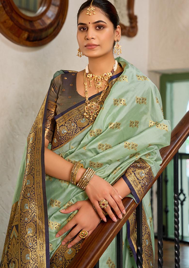 Sea Green Woven Silk Saree Set - Indya
