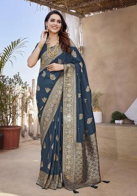 Teal Weaving Silk Saree Set