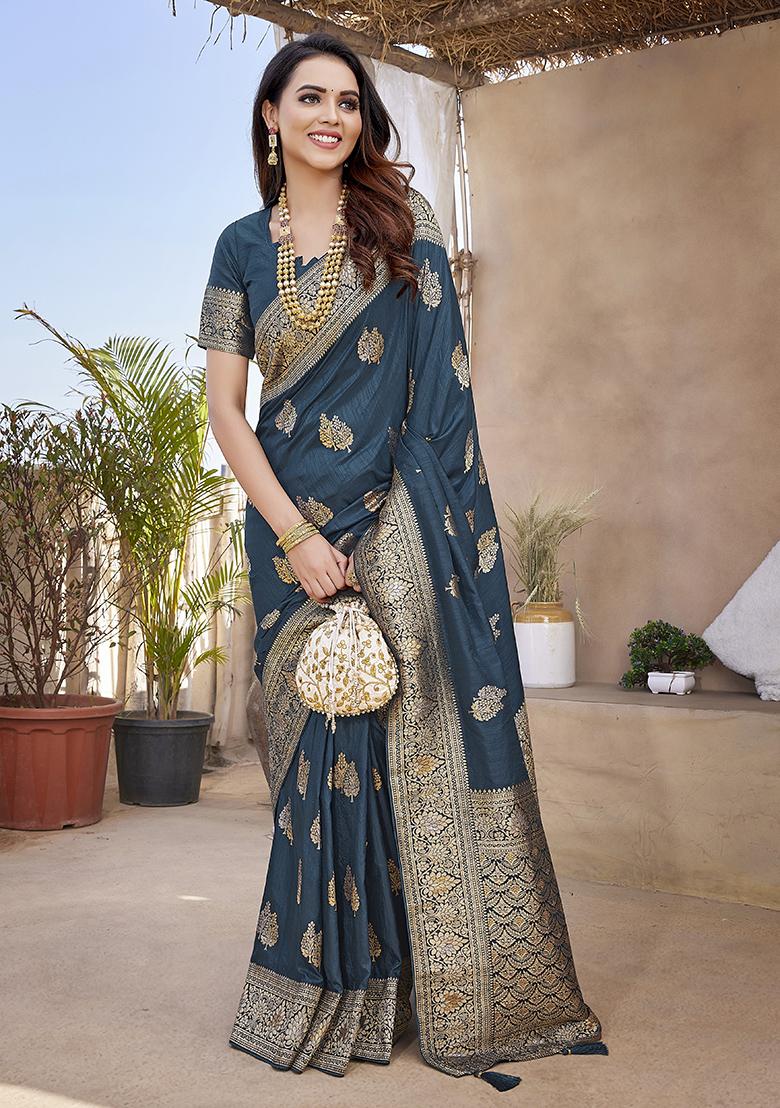Teal Weaving Silk Saree Set - Indya