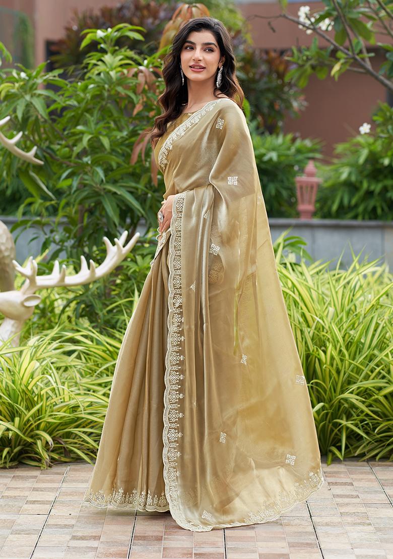 Beige Embroidery Chiffon Saree Set - Indya