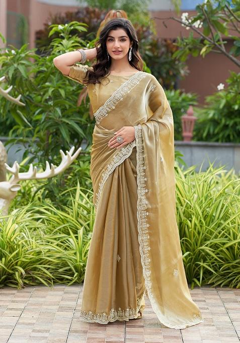 Beige Embroidery Chiffon Saree Set
