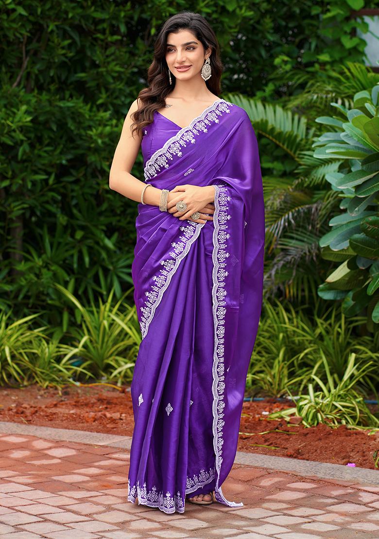 Violet Embroidery Chiffon Saree Set - Indya