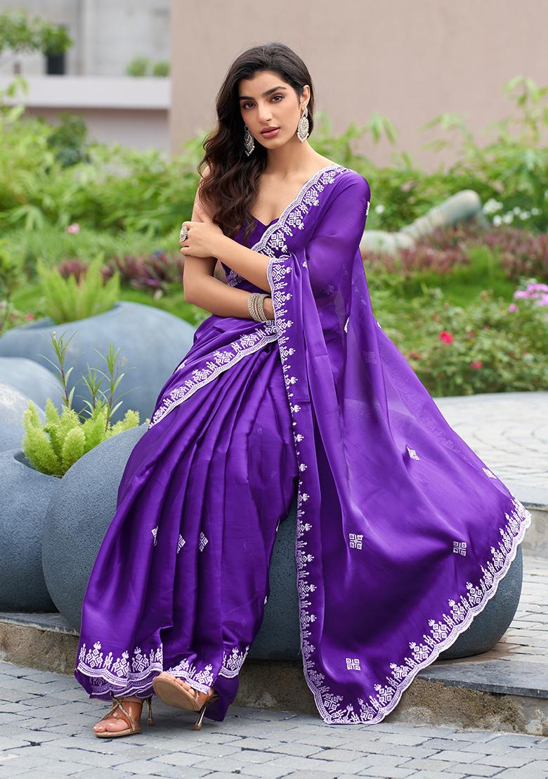 Violet Embroidery Chiffon Saree Set - Indya