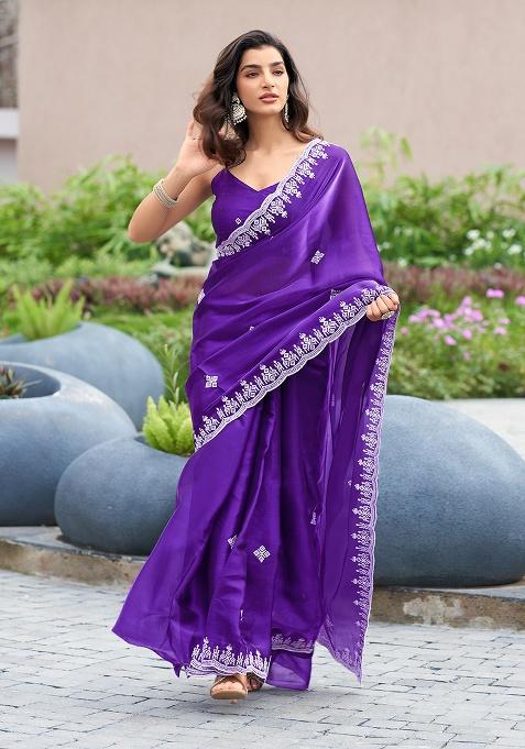 Violet Embroidery Chiffon Saree Set