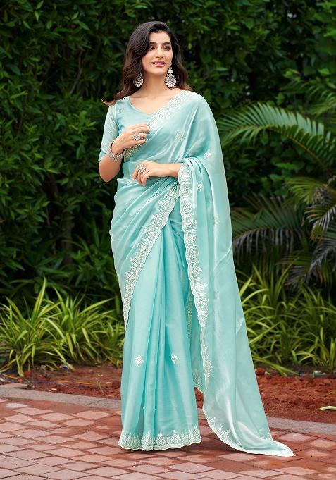 Sky Blue Embroidery Chiffon Saree Set