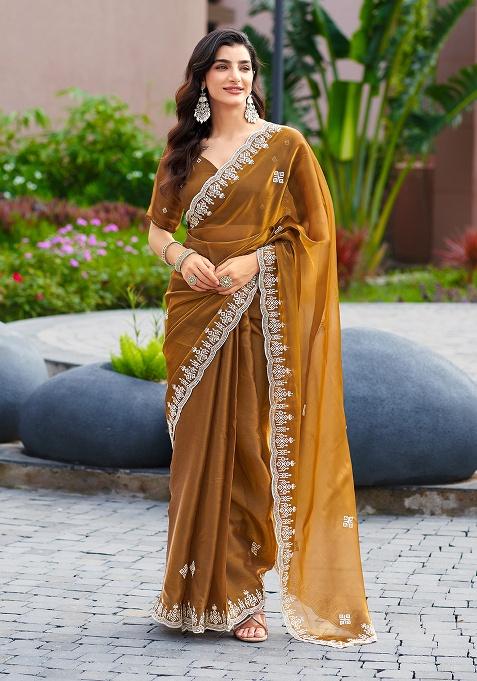 Light Brown Embroidery Chiffon Saree Set
