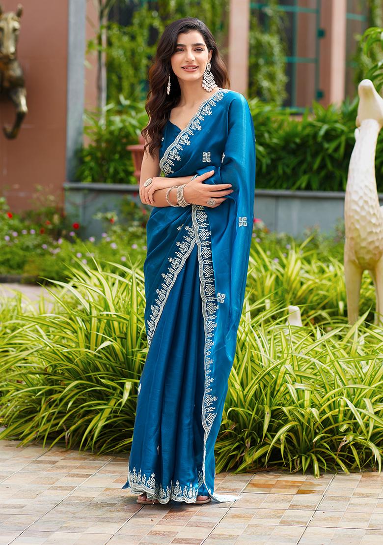 Navy Blue Embroidery Chiffon Saree Set - Indya