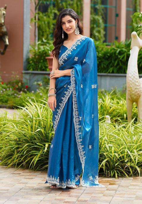 Navy Blue Embroidery Chiffon Saree Set