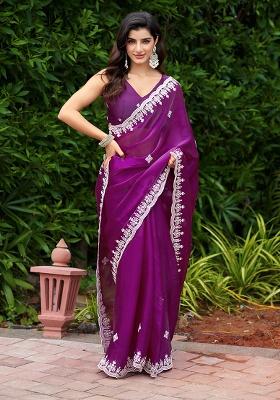 Wine Embroidery Chiffon Saree Set