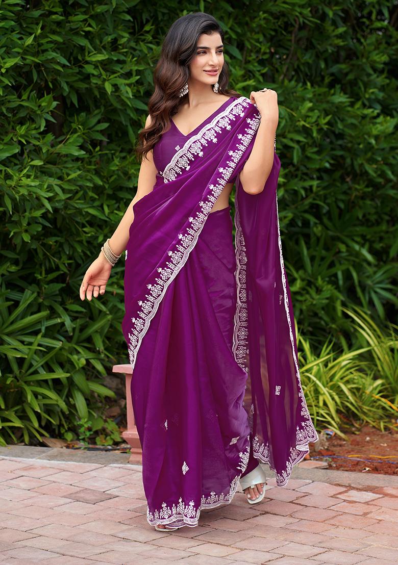 Wine Embroidery Chiffon Saree Set - Indya