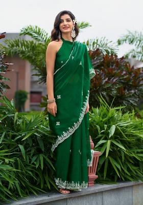 Green Embroidery Chiffon Saree Set