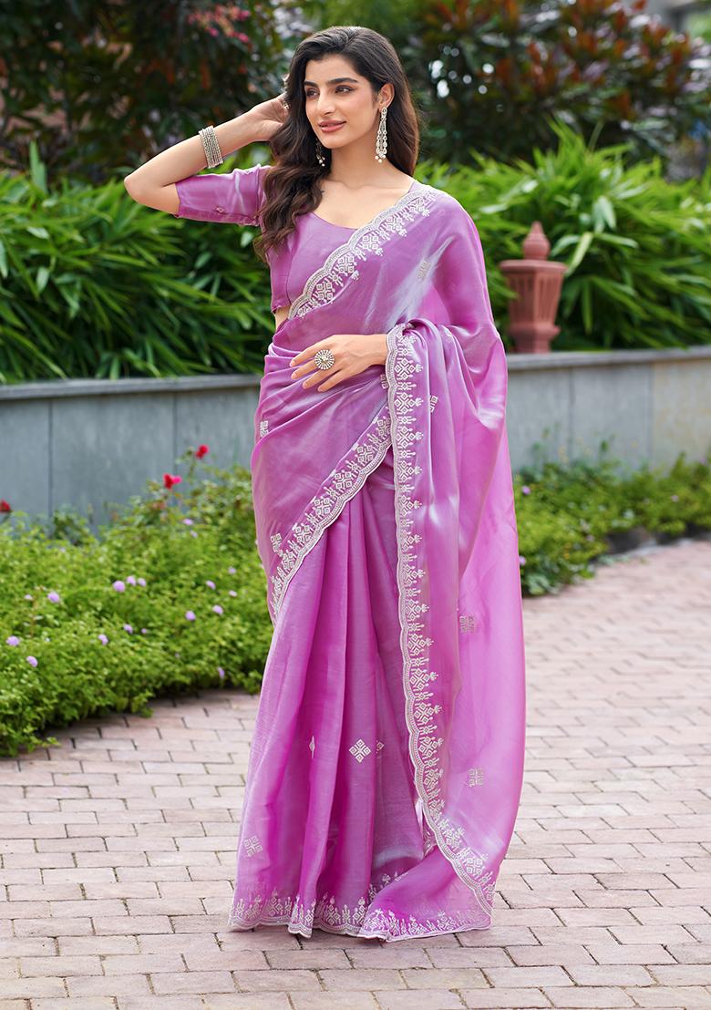 Pink Embroidery Chiffon Saree Set - Indya