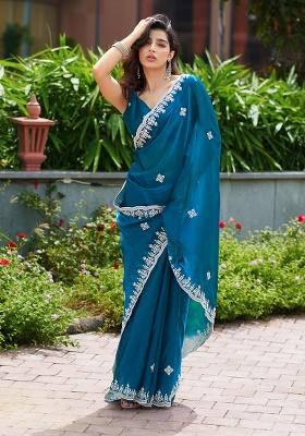 Teal Blue Embroidery Chiffon Saree Set