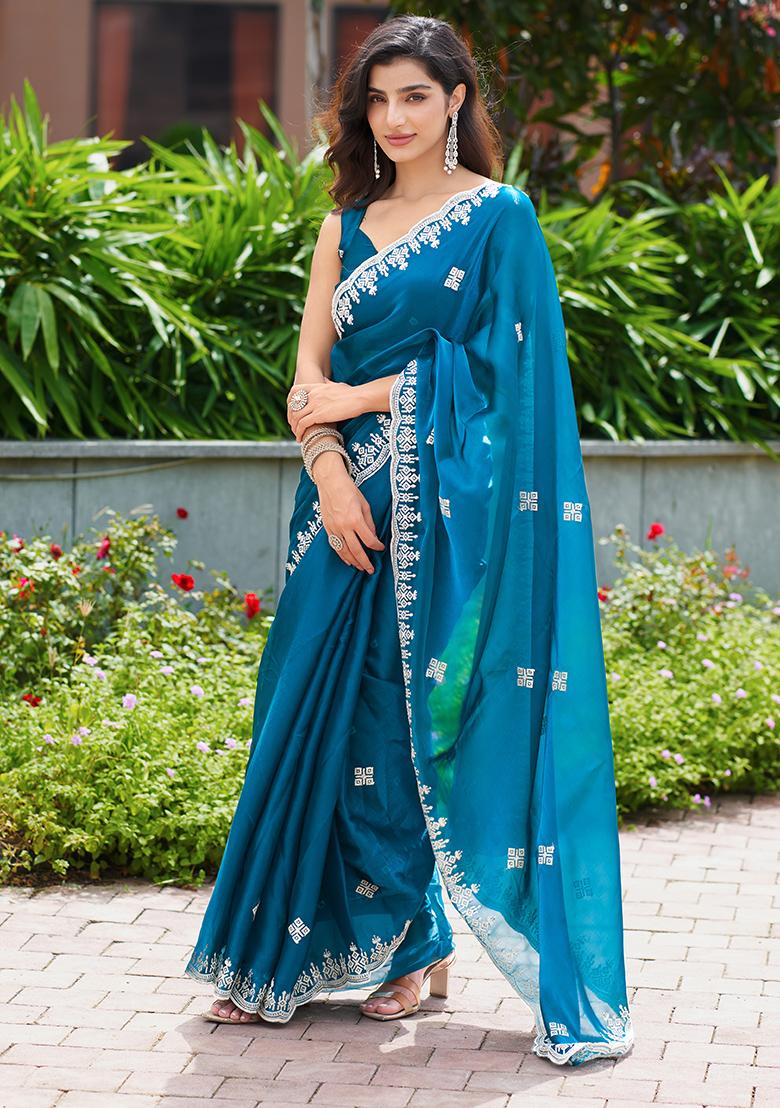 Teal Blue Embroidery Chiffon Saree Set - Indya