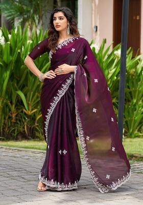Dark Maroon Embroidery Chiffon Saree Set