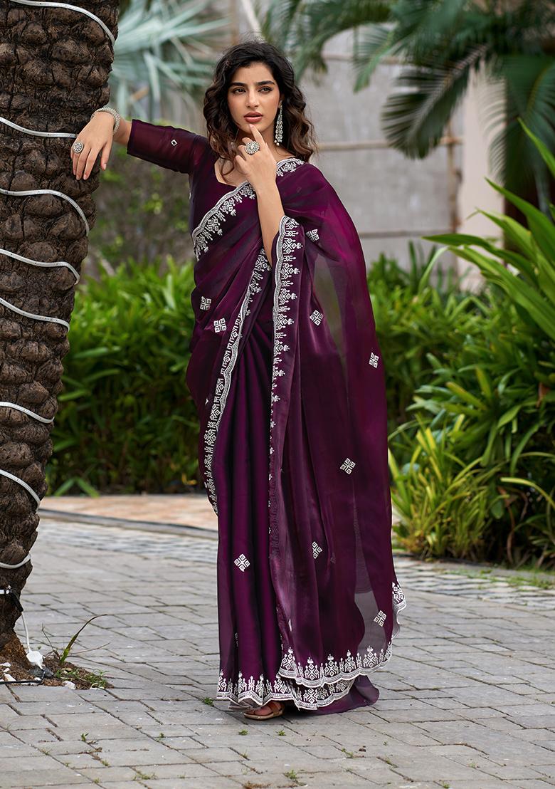 Dark Maroon Embroidery Chiffon Saree Set - Indya