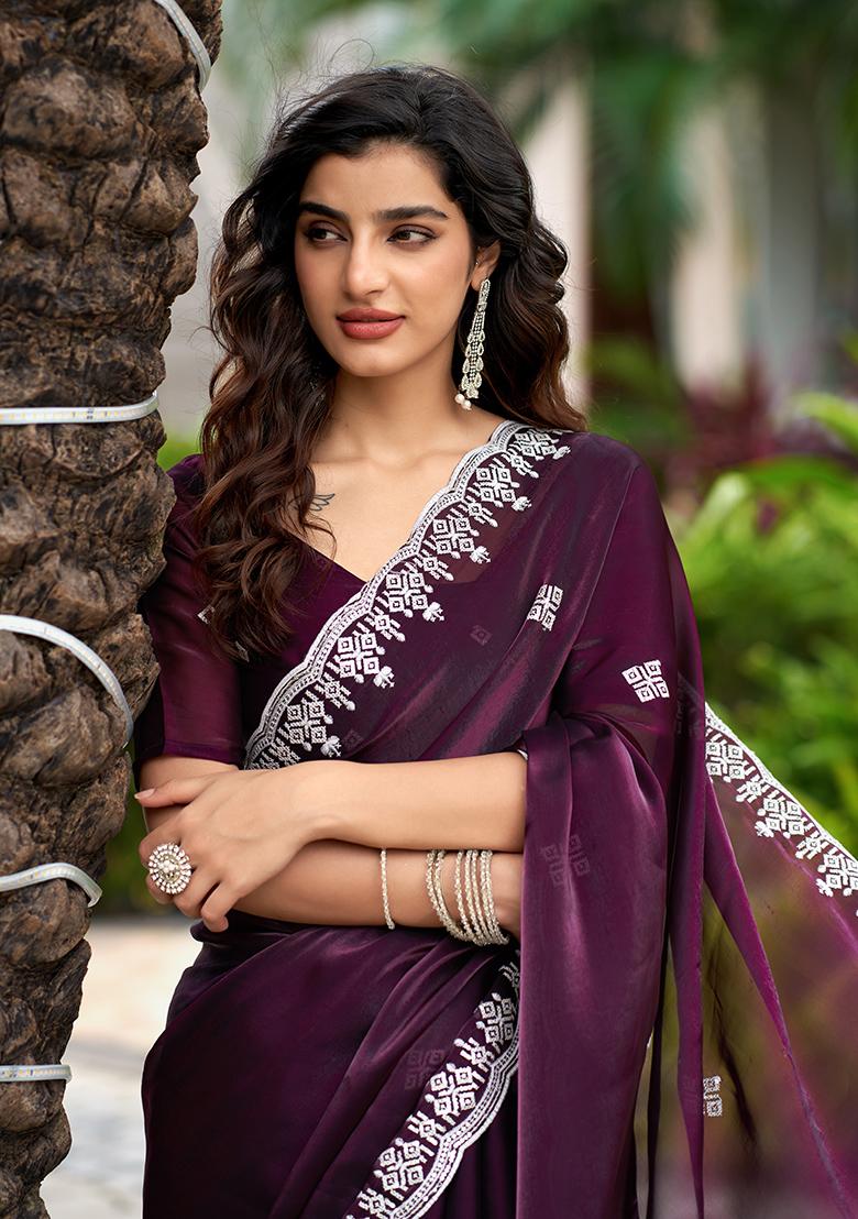 Dark Maroon Embroidery Chiffon Saree Set - Indya