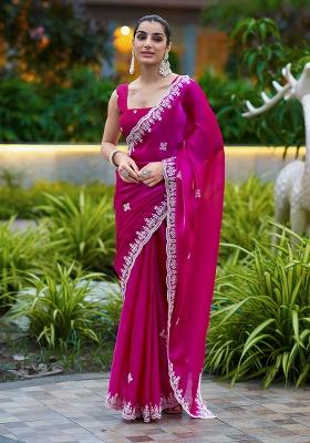 Magenta Embroidery Chiffon Saree Set