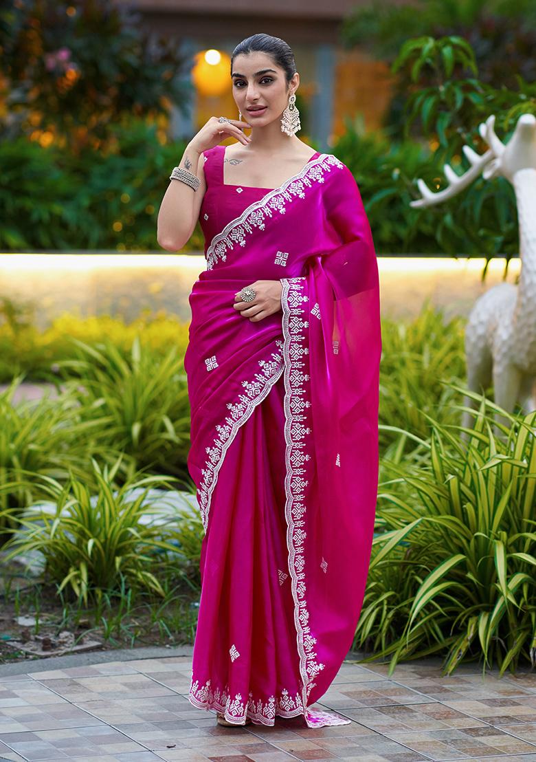 Magenta Embroidery Chiffon Saree Set - Indya