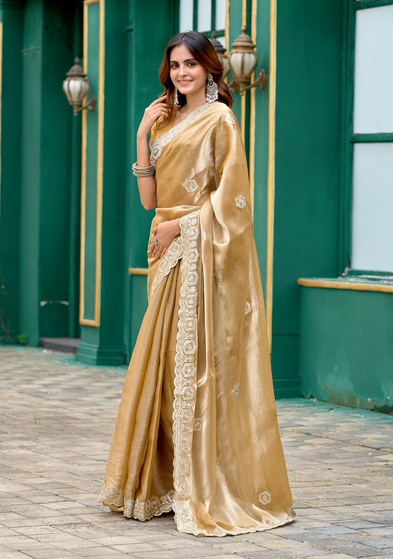 Beige Embroidery Chiffon Saree Set - Indya