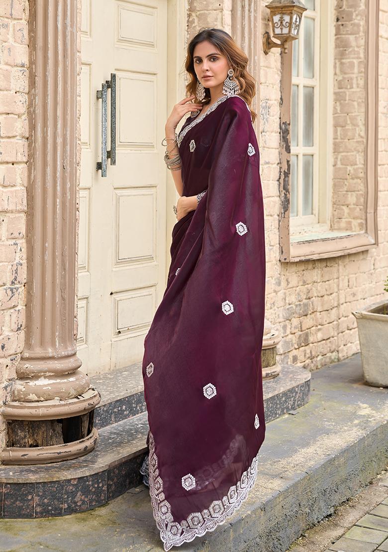Dark Maroon Embroidery Chiffon Saree Set - Indya