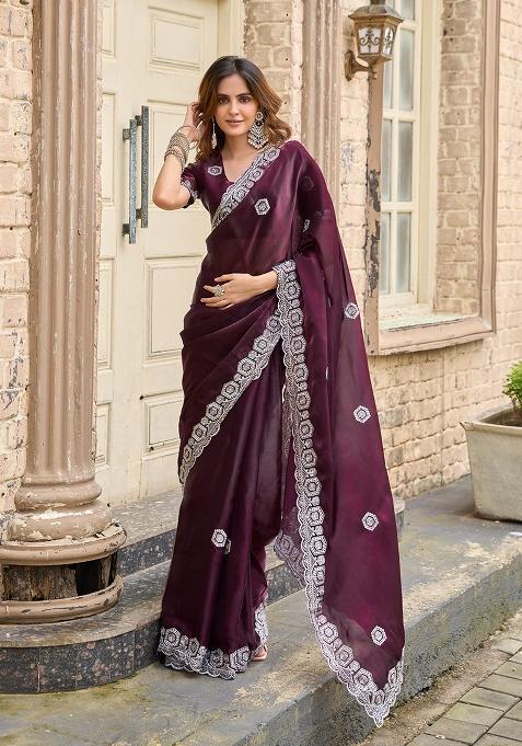Dark Maroon Embroidery Chiffon Saree Set
