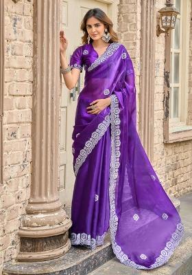 Violet Embroidery Chiffon Saree Set