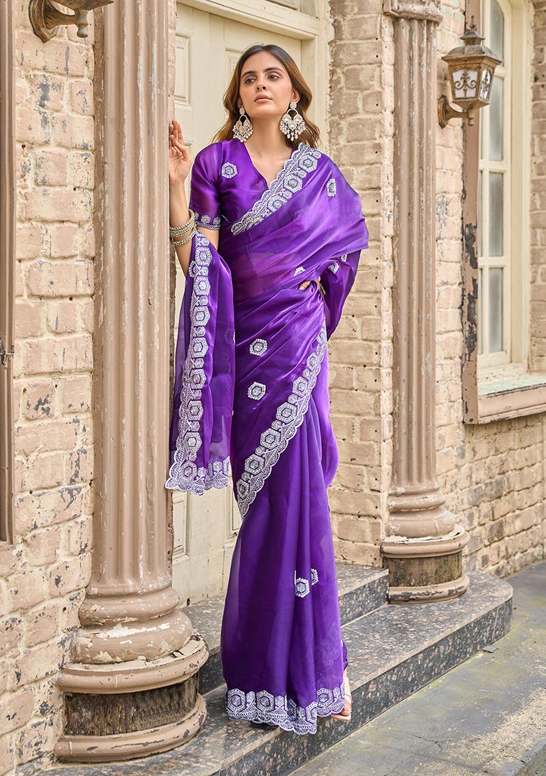 Violet Embroidery Chiffon Saree Set - Indya