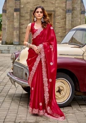 Red Embroidery Chiffon Saree Set