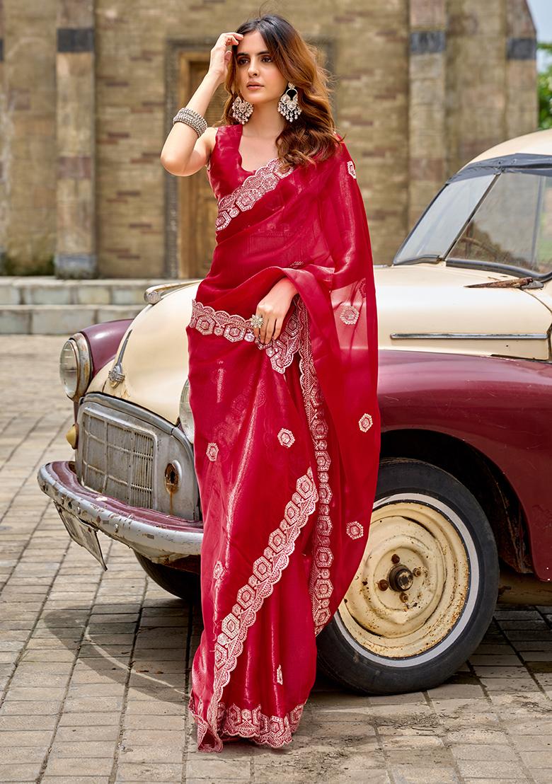 Red Embroidery Chiffon Saree Set - Indya