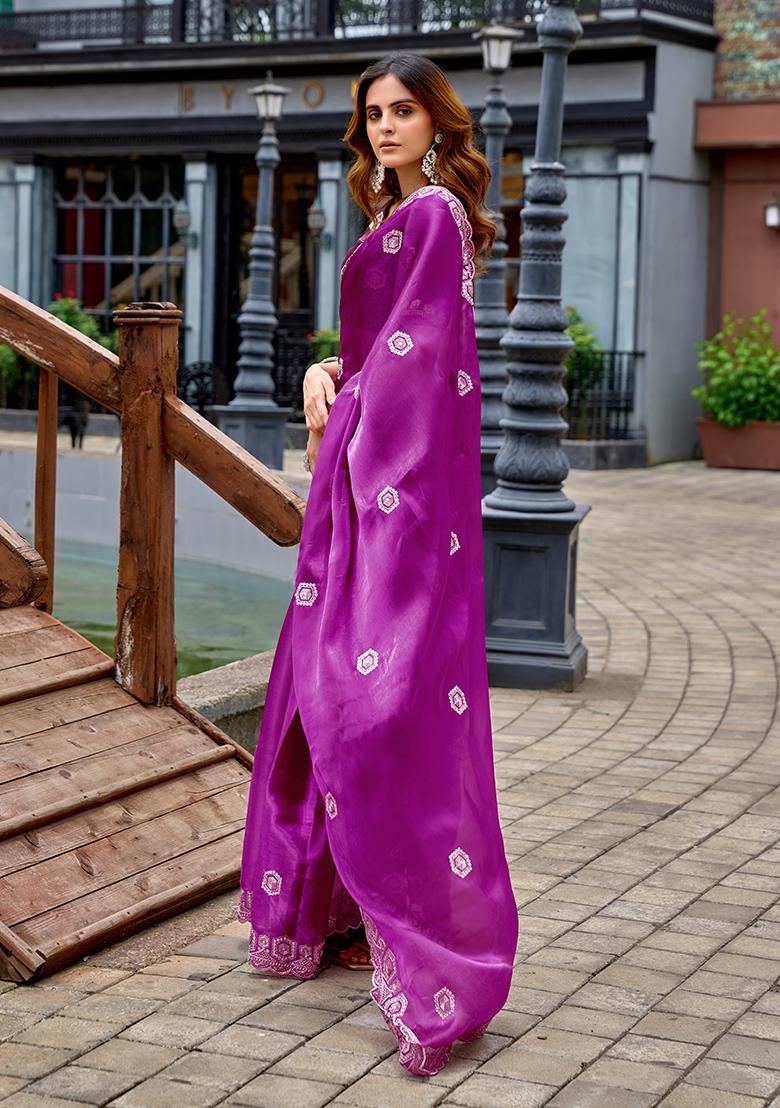 Dark Magenta Embroidery Chiffon Saree Set - Indya