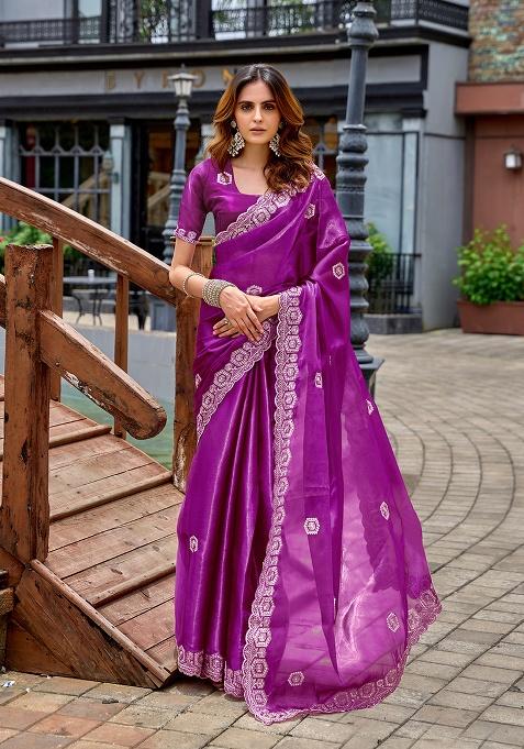 Dark Magenta Embroidery Chiffon Saree Set