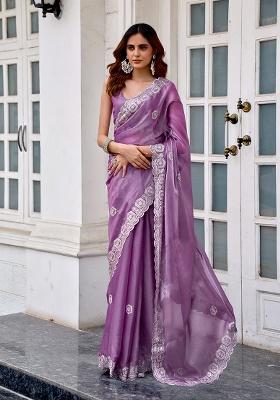 Lavender Embroidery Chiffon Saree Set